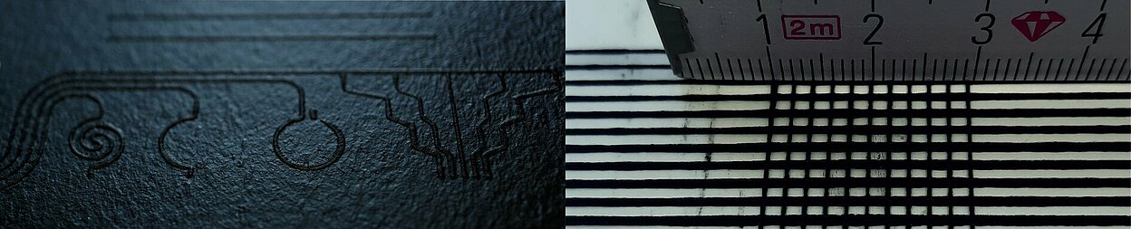 Abb. links: gedruckte leitfähige Strukturen mit einer lateralen Ausdehnung von ca. 300 µm auf einer schwarzen Substratfolie; rechts: Gitterstruktur auf einer transparenten Polyurethanfolie, mit der eine drucksensitive Sensorfolie aufgebaut wurde