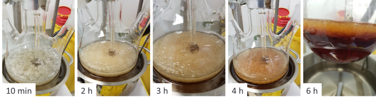 Abb.: Fotos zum Reaktionsverlauf der Glycerolyse eines PU-Referenzmaterials.