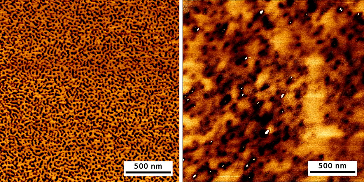 AFM-Aufnahmen der Oberfläche einer SBS-Membran (links) und einer SBS-Silikon-Membran (rechts).