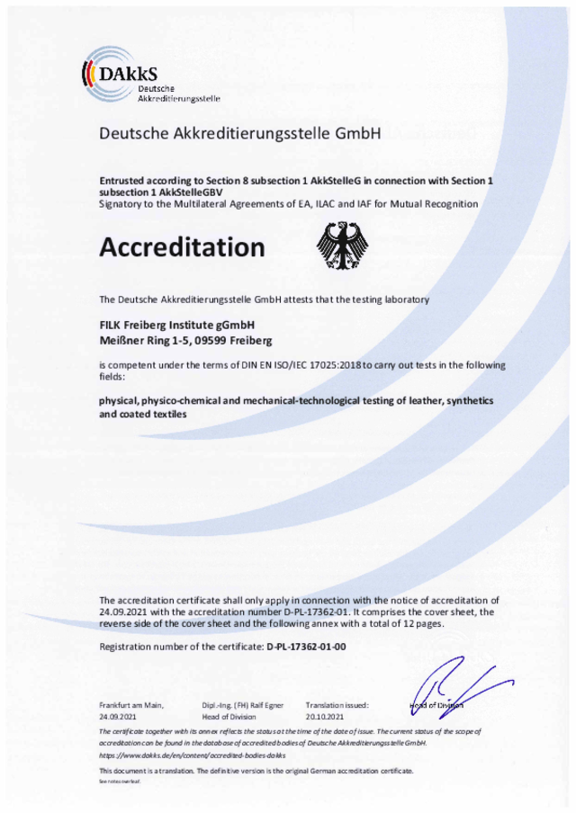 Accreditation Certificate DIN EN ISO/IEC 17025