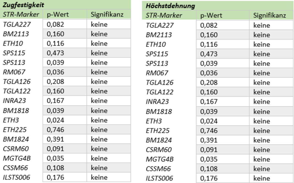 Tabelle 1: p-Werte und Signifikanzbewertung für die Korrelation der STR-Marker zu den Zugfestigkeitskategorien hoch und niedrig (links) und zu den Höchstdehnungskategorien hoch und niedrig (rechts)