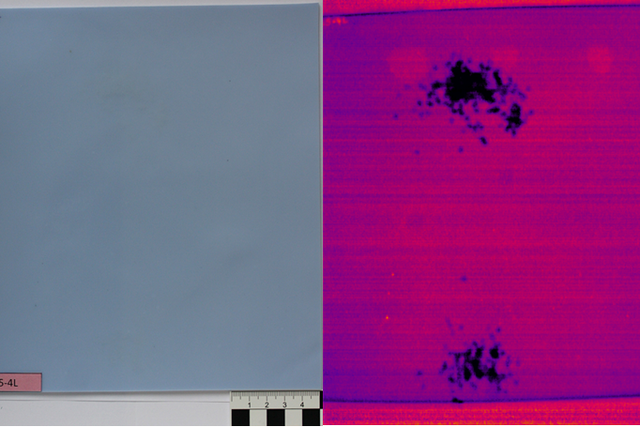 Abb.: PVC-Folienverbund mit Einschlüssen, links: VISBild, rechts: Look-in-Thermographie (Phasenbild)